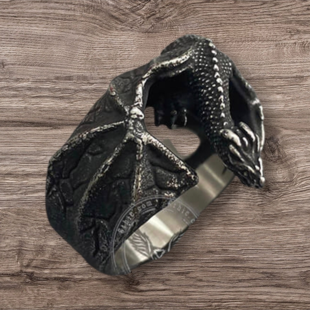 Celtic Dragon Wrap Ring in Antiqued Black and Silver Steel NWOT